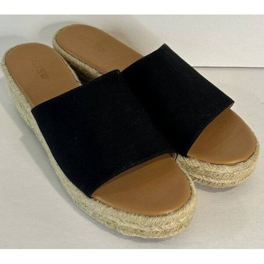 J Crew‎ Canvas Espadrille Wedge Black Canvas Strap Mules Style AX841 Size 10.5